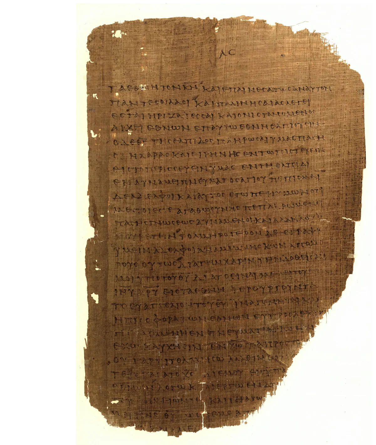 A worn brown papyrus leaf with ragged edges and small holes, covered in closely spaced lines of handwritten Greek text.